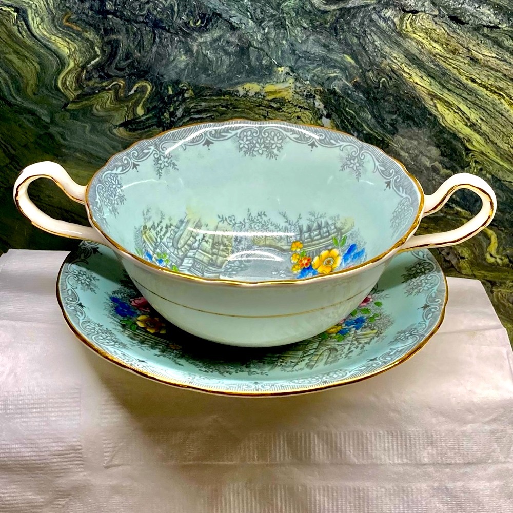 Aynsley Cream Soup Bowl and Saucer Queen’s Garden Blue Enameled Scalloped.